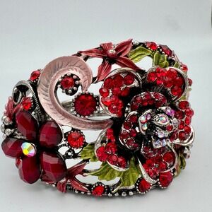 Rose Crystal Cuff Bracelet Statement Silver Tone Cuff Red Aurora Borealis Glass